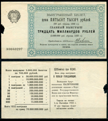 СССР 500000 рублей 1922 ЦК Помгол при ВЦИК, весь сбор поступает в пользу голодающих бумага 504-4-2-1