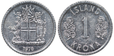 Исландия 1 крона 1976 KM 23 алюминий 4124-458