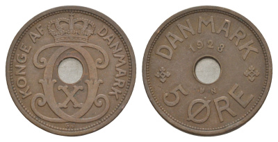 Дания 5 эре 1928 N, Кристиан X (1912-1947) KM 828 бронза 4638-615