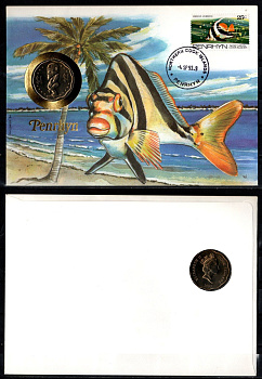 Острова Кука 1 доллар 1992 в конверте с маркой (КПД - Конверт первого дня Гашения) KM 37 медно-никель UNC 9002-09