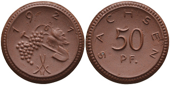 Саксония 50 пфеннигов 1921 виноград и лопата J. N 54 фарфор 1094-5-13