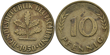 ФРГ 10 ПФЕННИГОВ 1950 D KM 108, J. 383 сталь плакированная латунью 4396-841