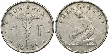 Бельгия 1 франк 1923 Belgique, Альберт I (1909-1934) KM 89 никель 51-1916