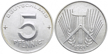 ГДР 5 ПФЕННИГОВ 1952 A KM 6 алюминий UNC 3856-141