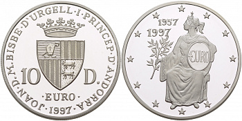 Андорра 10 динеров 1997 40 лет Римскому договору KM 130 серебро PROOF 1068-5-22