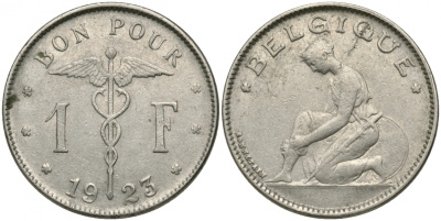 Бельгия 1 франк 1923 Belgique, Альберт I (1909-1934) KM 89 никель 51-1916