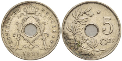 БЕЛЬГИЯ 5 САНТИМОВ 1931 BELGIE, ЗВЕЗДА НАД "5" KM 94 никель латунь 4546-125