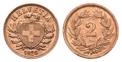 Швейцария 2 раппена 1926 B KM 4.2 бронза 46-829