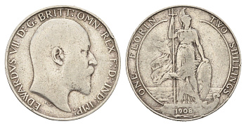 Великобритания 2 шиллинга (флорин) 1908 Эдуард VII (1901-1910) KM 801, Spink 3981 серебро 413-2743