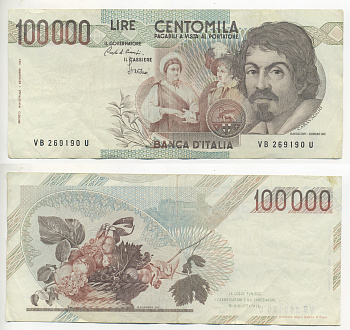 Италия 100000 лир 1983 Караваджо, фруктовый букет, подпись Speziali Pick 110b бумага 7220-31-2