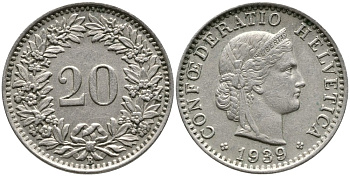 ШВЕЙЦАРИЯ 20 РАППЕНОВ 1939 В KM 29а медно-никель 4539-542