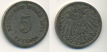 ГЕРМАНИЯ 5 ПФЕННИГОВ 1897 A, KM 11, J. 12 медно-никель 54-574