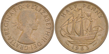 Великобритания 1/2 пенни 1963 Елизавета II (1952-2022) KM 896, Spink 4158 бронза 4544-135