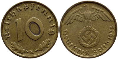 ГЕРМАНИЯ 10 РЕЙХСПФЕННИГОВ 1938 E, KM 92, J. 364 алюминиевая бронза 61-1125