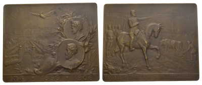 Румыния плакетка 1906 "Король наблюдает, Румыния процветает" по случаю Всеобщей румынской выставки 1906, на реверсе рядом с изображением императора Траяна были изображены портреты короля Кароля I,  Луис Стельманс, 70x83 мм, 189,9 гр бронза 11-129-13-2