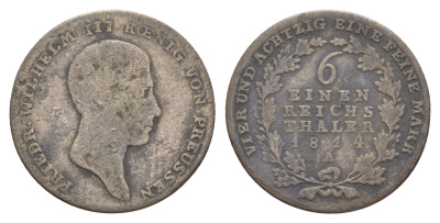 Пруссия 1/6 рейхсталера 1814 A, Фридрих Вильгельм III (1797-1840) KM 385 серебро 4619-154