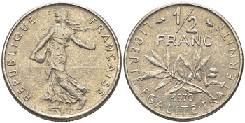 ФРАНЦИЯ 1/2 ФРАНКА 1970 СЕЯТЕЛЬ KM 931.1, LE FRANC 198.9 никель 175-935