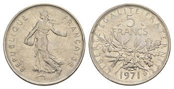 Франция 5 франков 1971 сеятель KM?926a.1, Le Franc 341.3 медно-никель плакированный никелем 4185-321