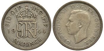 Великобритания 6 пенсов 1944 Георг VI (1936-1952) KM 852, Spink 4084 серебро 4538-536