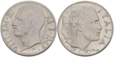 ИТАЛИЯ 20 ЧЕНТЕЗИМО 1942 R, ГОД XX, ВИКТОР ЭММАНУИЛ III (1900-1946), МАГНИТНАЯ, ГУРТ РИФЛЁНЫЙ KM 75b, VEM3. 1029 нержавеющая сталь 3853-424