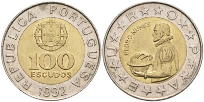 Португалия 100 эскудо 1992 Педру Нуниш (1502-1578), математик KM 645.1 биметалл 4571-954