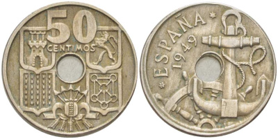 ИСПАНИЯ 50 СЕНТИМО 1949 ФРАНСИСКО ФРАНКО ДИКТАТОР ИСПАНИИ (1939- 1975), МОРСКАЯ АТРИБУТИКА KM 777 медно-никель 4523-846