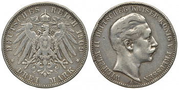 ПРУССИЯ 3 МАРКИ 1909 KM 527 серебро 413-4935