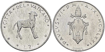 ВАТИКАН 2 ЛИРЫ 1971 ГОД IX, ПАВЕЛ VI (1963-1978), АГНЕЦ KM 117 алюминий UNC 4516-566