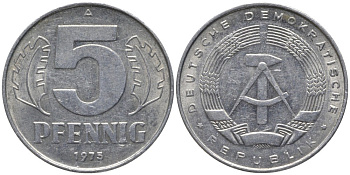 ГДР 5 пфеннигов 1975 А, монетный двор Берлин KM 9.1 алюминий 116-538
