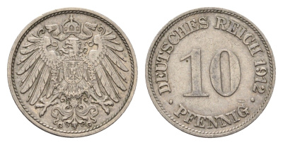 Германия 10 пфеннигов 1912 G, Вильгельм II (1888-1918) KM 12, J. 13 медно-никель 4636-939