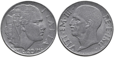 Италия 20 чентезимо 1943 R, Виктор Эммануил III (1900-1946), XXI год KM 75b, VEM3. 1031 нержавеющая сталь 83-1545
