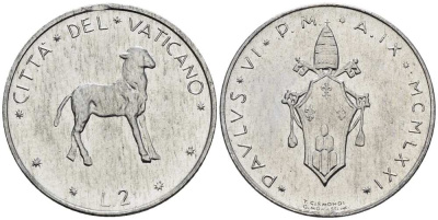 ВАТИКАН 2 ЛИРЫ 1971 ГОД IX, ПАВЕЛ VI (1963-1978), АГНЕЦ KM 117 алюминий UNC 4516-566