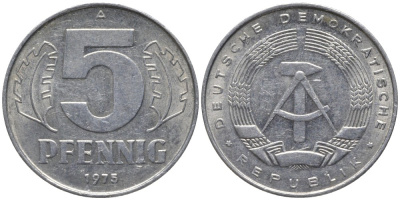 ГДР 5 пфеннигов 1975 А, монетный двор Берлин KM 9.1 алюминий 116-538