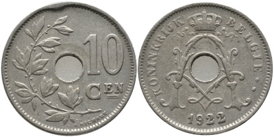 БЕЛЬГИЯ 10 САНТИМОВ 1922 BELGIE KM 86 медно-никель 4364-2744