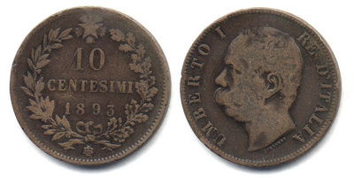 ИТАЛИЯ 10 ЧЕНТЕЗИМО 1893 B/I, УМБЕРТО I (1878-1900) KM 27.1 медь 25-516