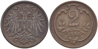 АВСТРИЯ 2 ГЕЛЛЕРА 1906 ФРАНЦ ИОСИФ (1846-1918) KM 2801 бронза 201-956