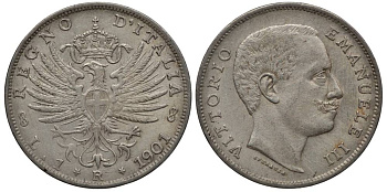 Италия 1 лира 1901 R, Виктор Эммануил III (1900-1948), Савойский орел (символ Рима) KM 32 серебро 00-00