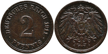 ГЕРМАНИЯ 2 ПФЕННИГА 1911 А KM 16, J.11 медь 4110-1765