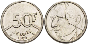 БЕЛЬГИЯ 50 ФРАНКОВ 1989 BELGIE, БОДУЭН I (1951-1993) KM 169 никель 4391-146