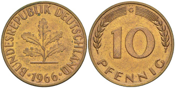ФРГ 10 ПФЕННИГОВ 1966 G KM 108, J. 383 сталь плакированная латунью 219-426