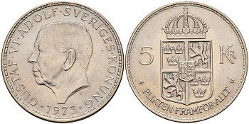 Швеция 5 крон 1973 Густав VI Адольф (1950-1973) KM 846 медно-никель плакированный никелем UNC 4526-226