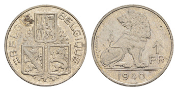 Бельгия 1 франк 1940 Belgie - Belgique, Леопольд III (1934-1947) KM 120 никель 4619-1046