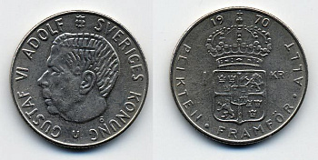 Швеция 1 крона 1970 Густав VI Адольф (1950-1973) KM 826a медь плакированная медно-никелем 25-945