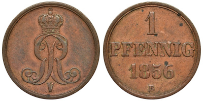 Ганновер 1 пфенниг 1856 B, Георг V KM 221, AKS 155, J. 83 медь 4594-264