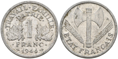 Франция 1 франк 1944 LB, тип Lourde, правительство Виши KM 902.1 алюминий 4142-937