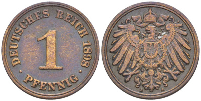 ГЕРМАНИЯ 1 ПФЕННИГ 1898 A KM 10, Jager. 10, Weege 2 медь 4528-1147