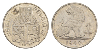Бельгия 1 франк 1940 Belgie - Belgique, Леопольд III (1934-1947) KM 120 никель 4619-1046