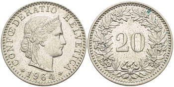 Швейцария 20 раппенов 1964 B KM 29а медно-никель 4511-926
