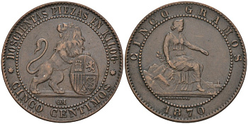 Испания 5 сентимо 1870 ОМ, лев со щитом KM 662 (Y53) медь 4571-1057