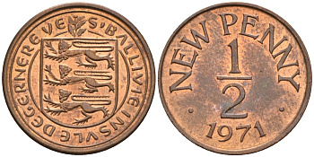 Гернси 1/2 пенни 1971 Елизавета II (1952-2022), герб KM 20 бронза UNC 4580-865